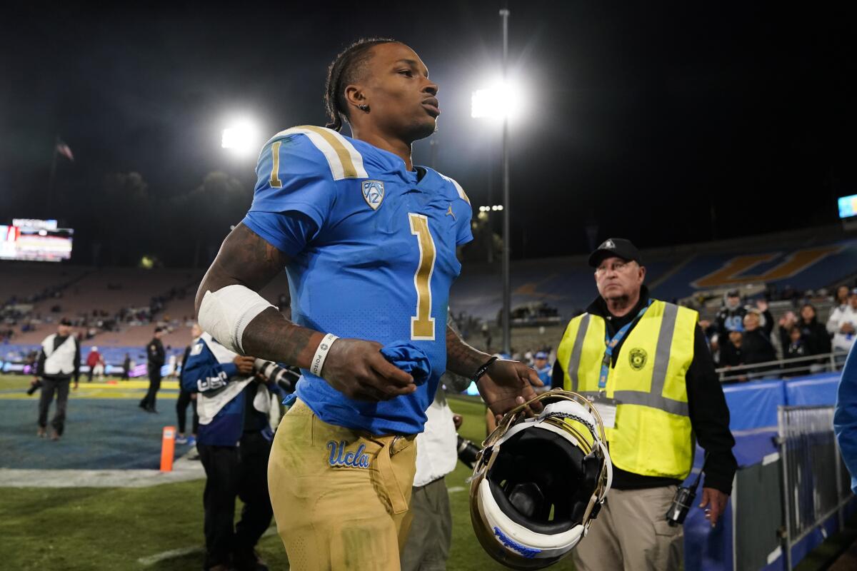 UCLA quarterback Dorian Thompson-Robinson leaves the field after a 38-13 win over Stanford on Oct. 29.