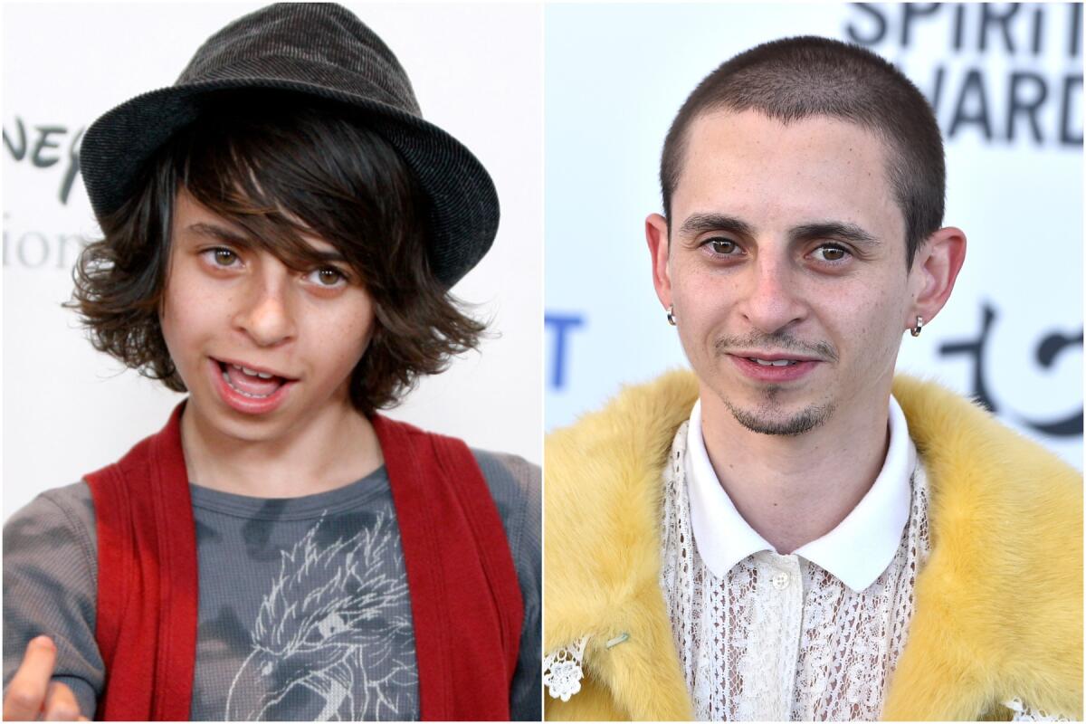 A photo of a young Moisés Arias in a hat and red vest next to a recent shot of him in a fuzzy yellow coat