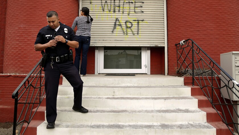Police investigate vandalism at the Nicodim Gallery in Boyle Heights in October.