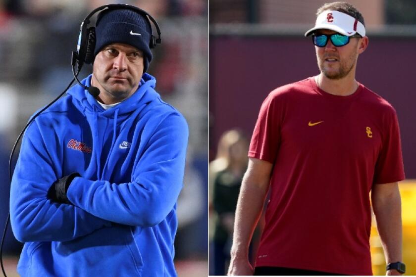 Mississippi coach Lane Kiffin, left; USC coach Lincoln Riley