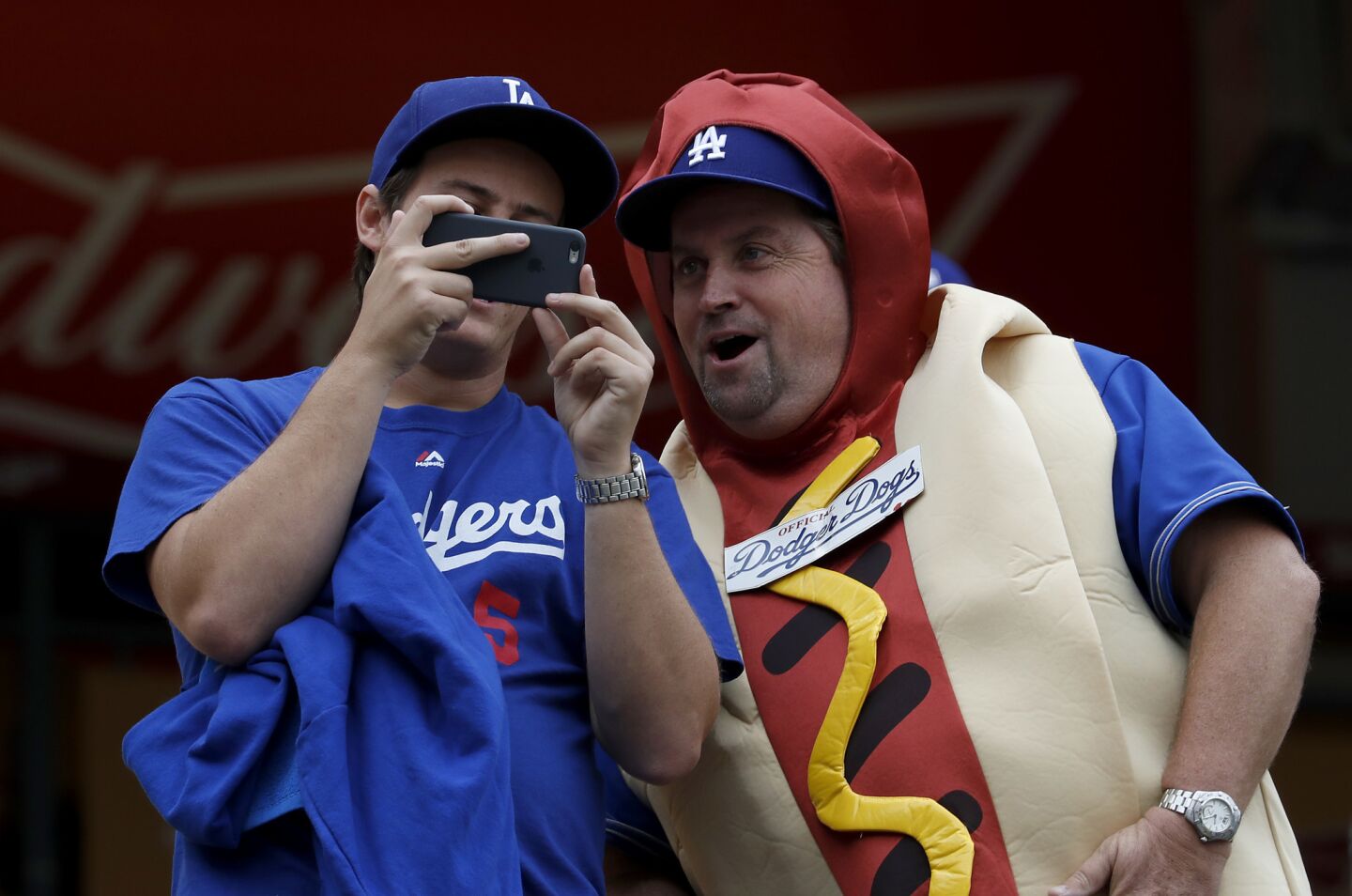 A fan dressed as a Dodger dog before Game 6 of the World Series at Dodger Stadium.