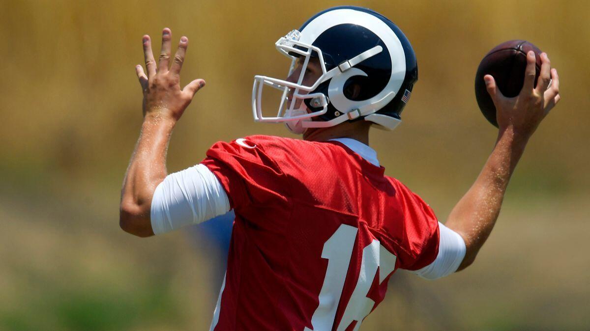 Rams quarterback Jared Goff passes during practice June 5.