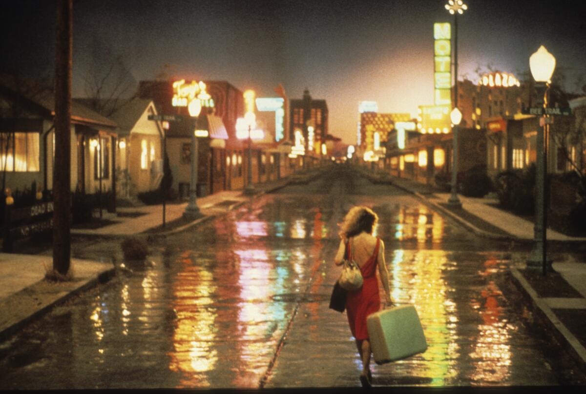 A woman with her baggage walks down a rainy street alone.