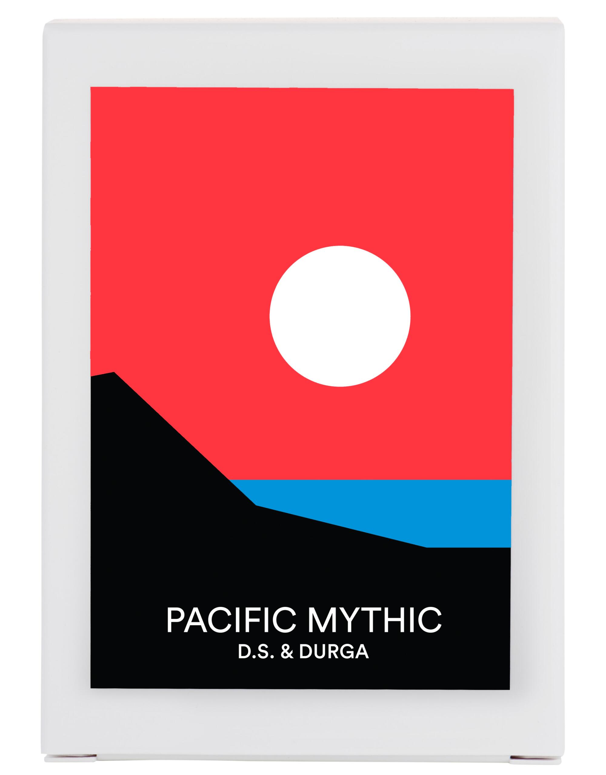 Pacific Mythic by D.S. & Durga candle packaging shows a white moon in a red sky over a blue sea and black hill