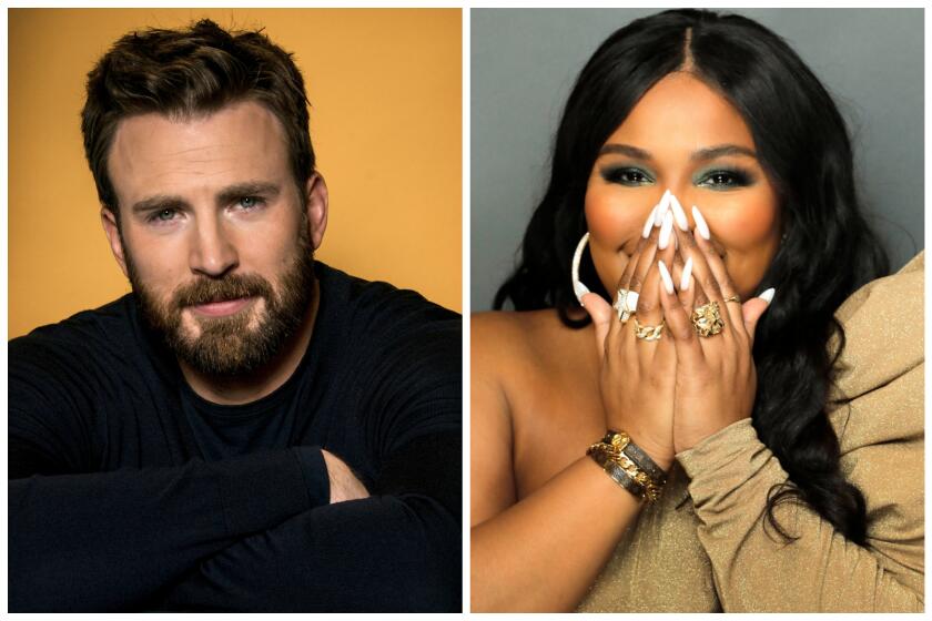 Split portrait of actor Chris Evans, left, and singer Lizzo