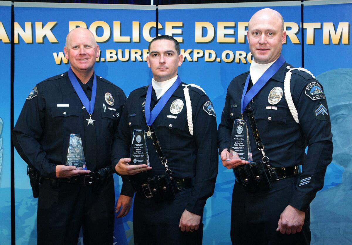 Police Star Award recipients, from left to right, Officer Cameron Brown, Officer Cody Renfrew and Detective Todd Burke at the second annual Burbank police awards luncheon at Pickwick Gardens in Burbank on Thursday, March 10, 2016. Awards were bestowed upon top members of the police department and several citizens.