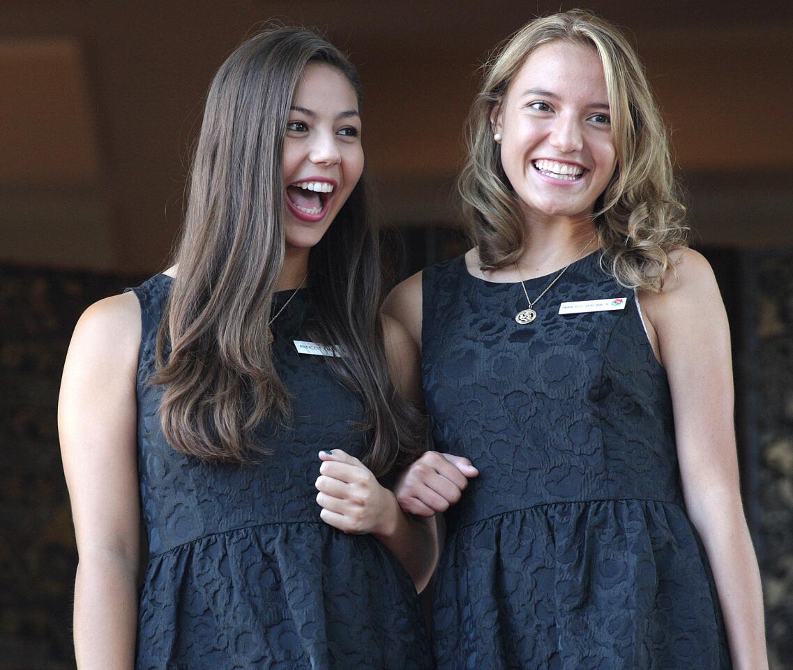 Emily Stoker and Mackenzie Byers, of the 2015 Royal Court, are introduced at the announcement of the 2016 Tournament of Roses Royal Court at the Tournament House in Pasadena on Monday, Oct. 5, 2015.