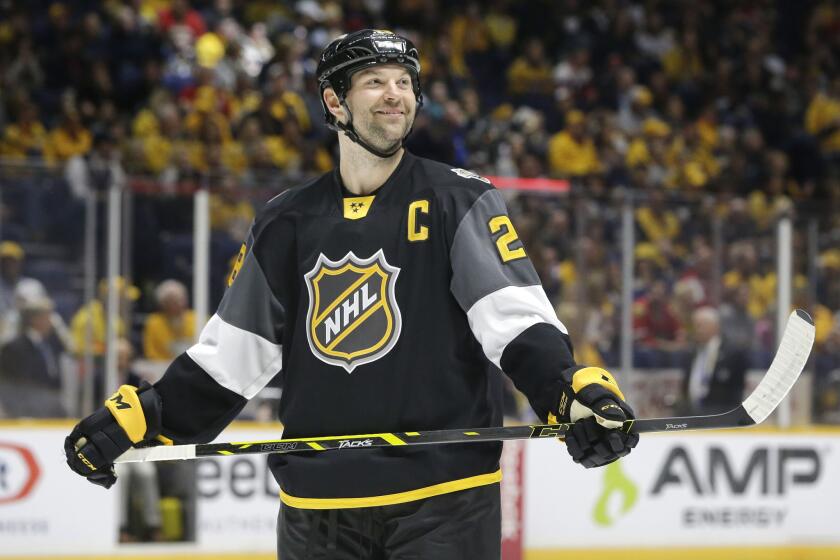 Pacific Division forward John Scott looks into the stands during the NHL All-Star game. The Pacific Division won 1-0 and Scott was named MVP.
