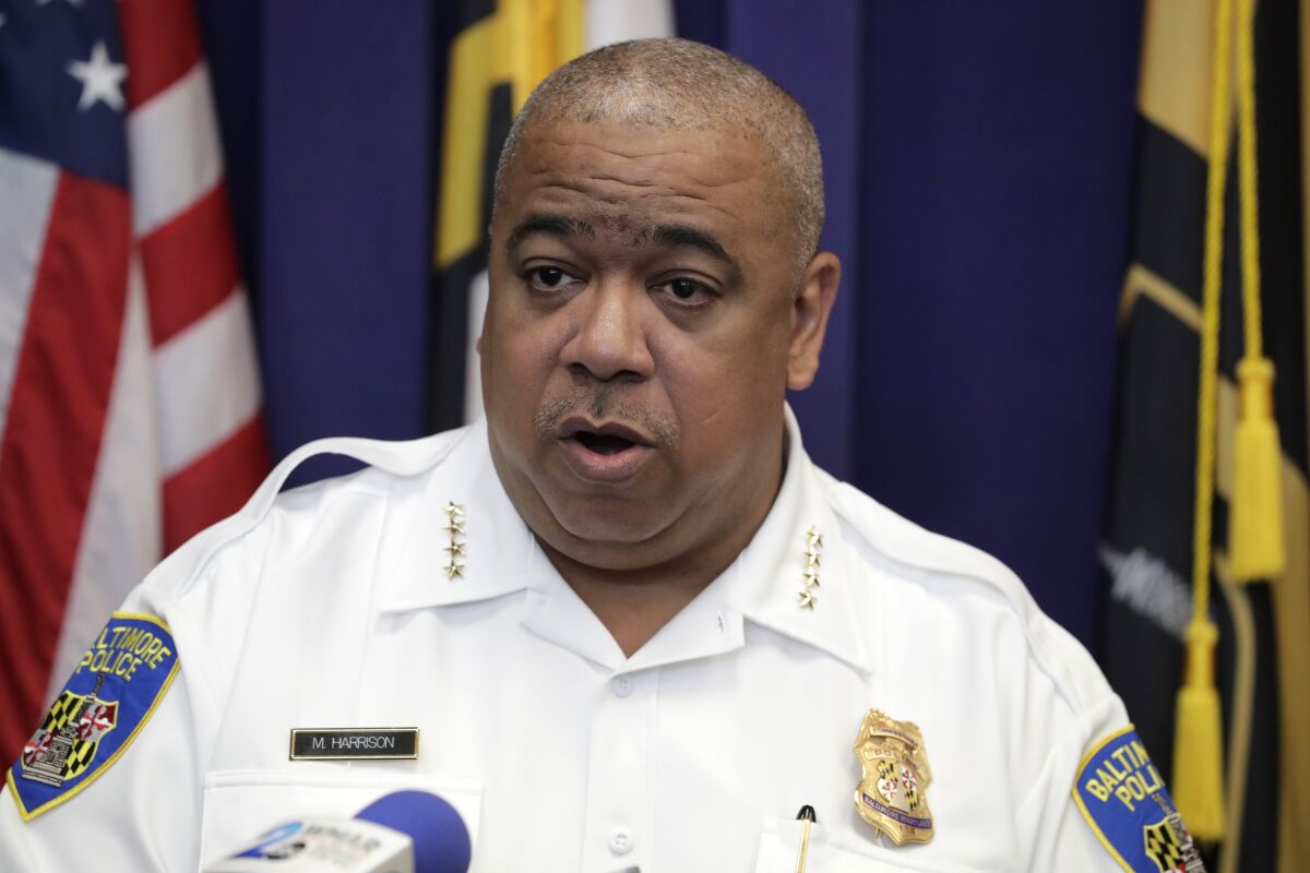 FILE - Baltimore Police Commissioner Michael Harrison speaks during a news conference, July 23, 2019, in Baltimore. On Thursday, Jan. 26, 2023, officials are holding a quarterly hearing on the Baltimore Police Department's progress toward compliance with its 2017 consent decree implemented after a DOJ investigation found a pattern of unconstitutional policing practices. The hearing will likely include discussion of a recent report from the consent decree monitoring team, which found officers are using less force but there are still problems the department needs to address. (AP Photo/Julio Cortez, File)