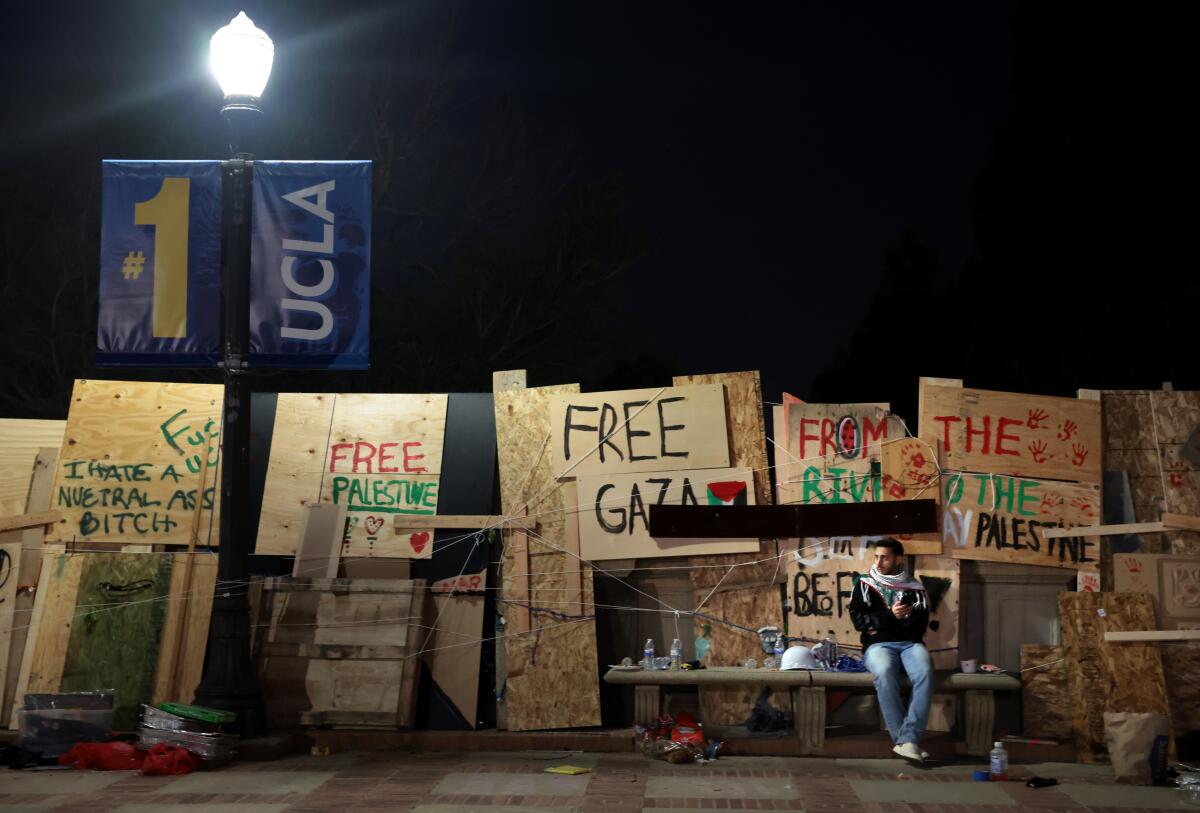 A person sits on a bench in front of particle boards covered with signs saying "Free Gaza" and "Free Palestine."