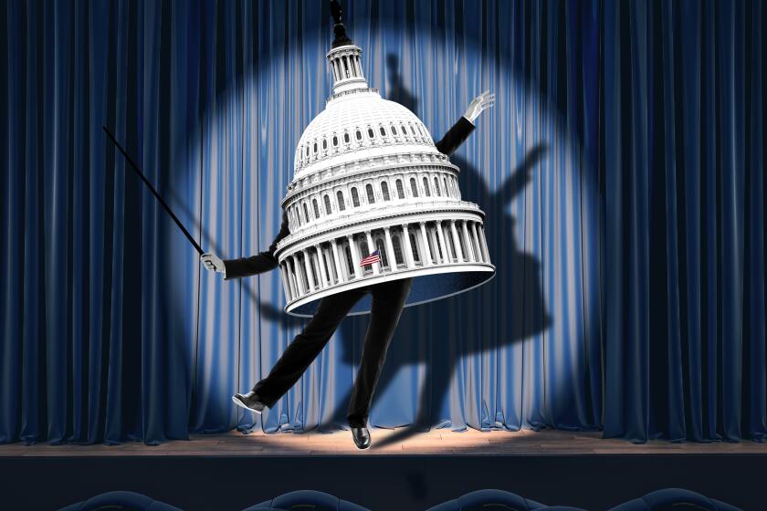 photo illustration of a person tap-dancing on a theater stage wearing a U.S. Capitol dome costume