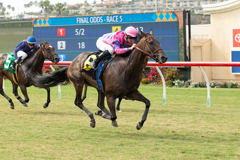 Toinette, with Flavien Prat aboard, wins the feature race Wednesday at Del Mar.