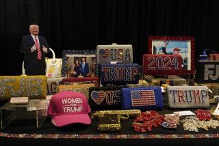 Souvenirs are displayed before former President Donald Trump's keynote speech at the California Republican Party Convention Friday, Sept. 29, 2023, in Anaheim, Calif. (AP Photo/Jae C. Hong)