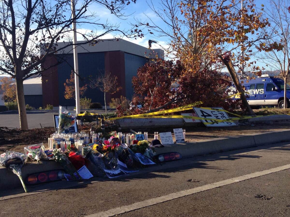 A makeshift memorial grows at the site where actor Paul Walker was killed in a fiery crash Saturday.