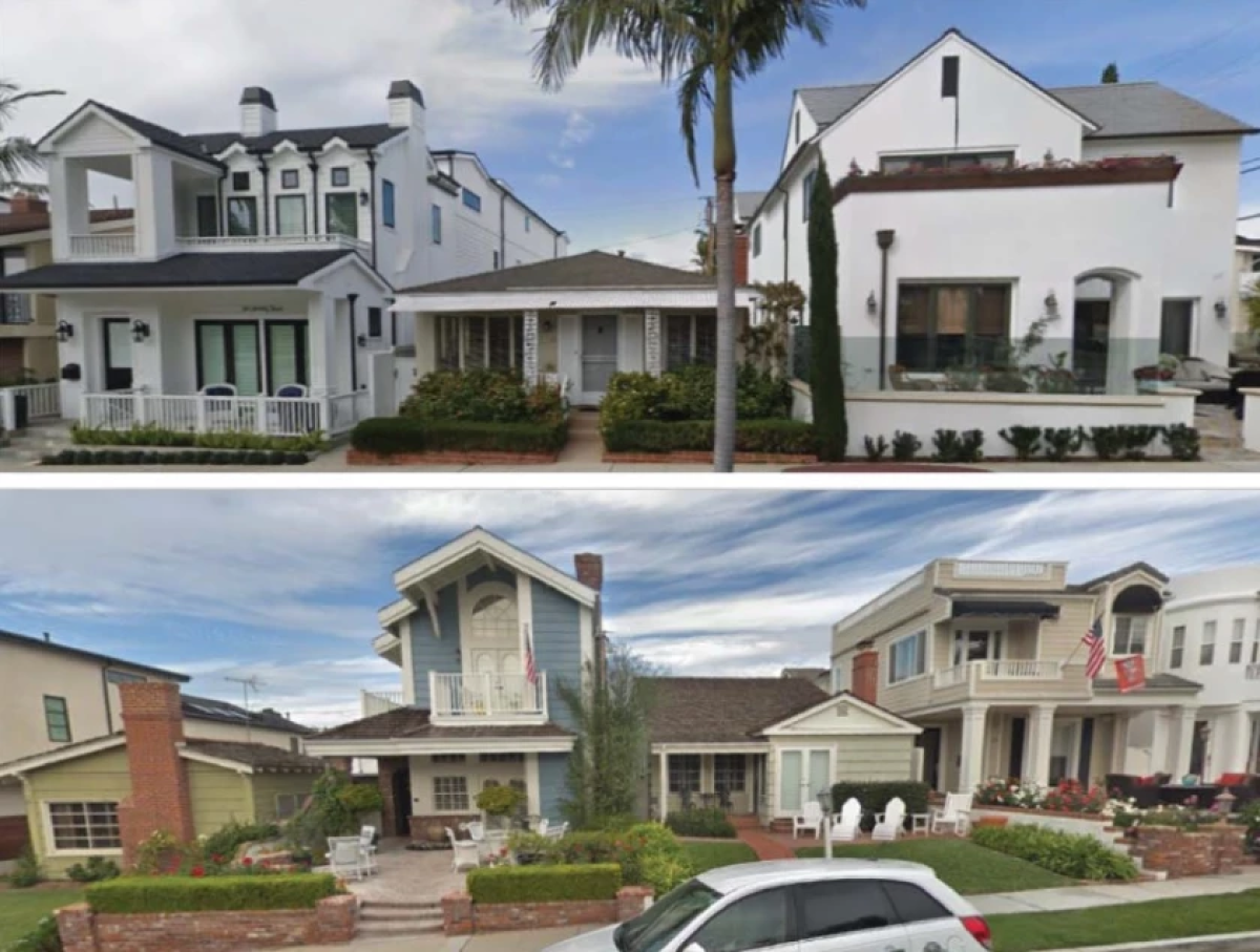 Mid-20th-century cottages in Newport Beach alternate with taller, contemporary homes. 