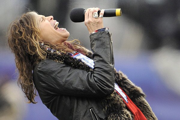 Steven Tyler performs the national anthem at the AFC Championship game in Foxborough, Mass., in January.