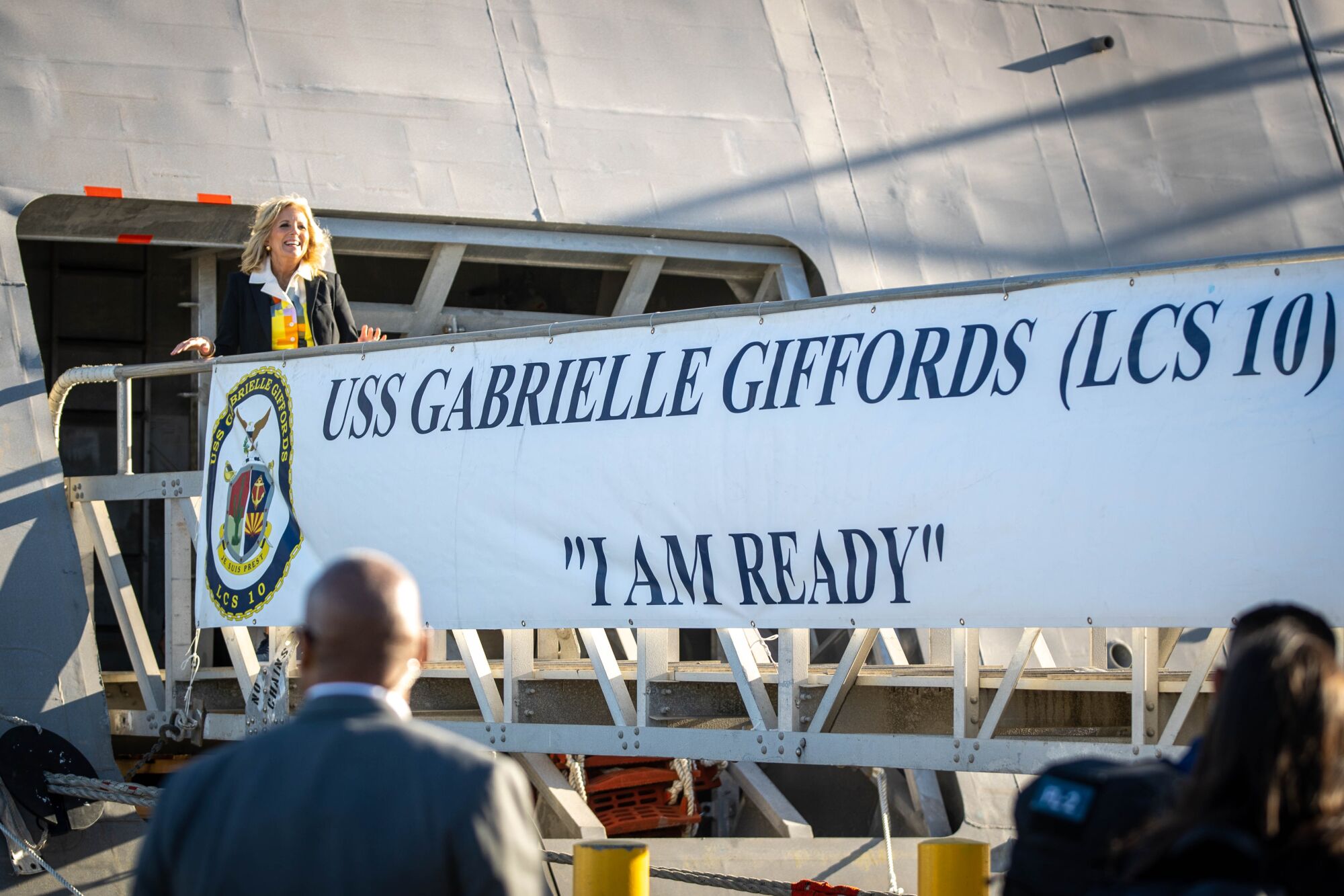 First Lady Dr. Jill Biden boards the USS Gabrielle Giffords (LCS10) at Naval Base San Diego on Friday.