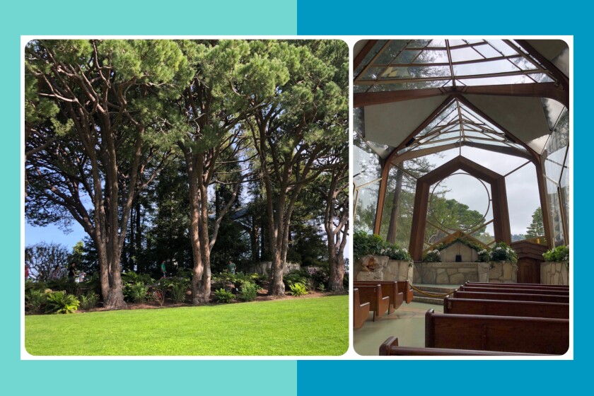 Italian stone pines and coastal redwoods surround the Wayfarer's Chapel, left. Redwood pillars grace the inside.