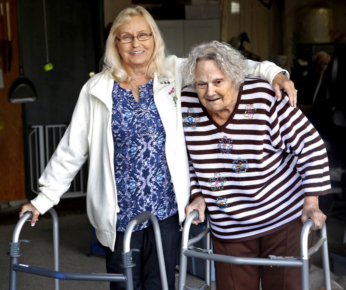 Patricia Hamlin, 71, left, visits her 90-year-old mother, Brooke Mayo, at Brooke's home in Paso Robles. Since the two first met earlier this year, they've developed an easy banter.