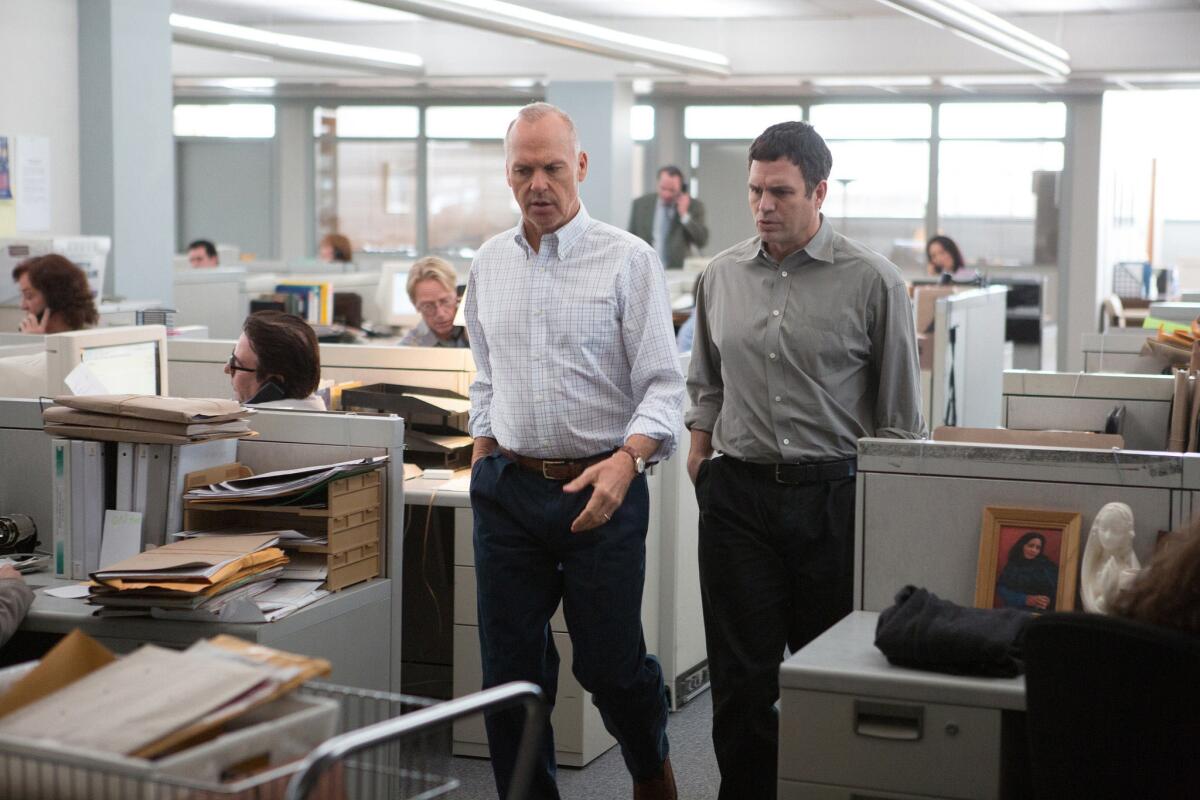 Michael Keaton, left, and Mark Ruffalo in the movie "Spotlight."