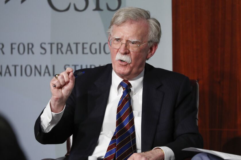 Former National security adviser John Bolton gestures while speakings at the Center for Strategic and International Studies in Washington, Monday, Sept. 30, 2019. (AP Photo/Pablo Martinez Monsivais)