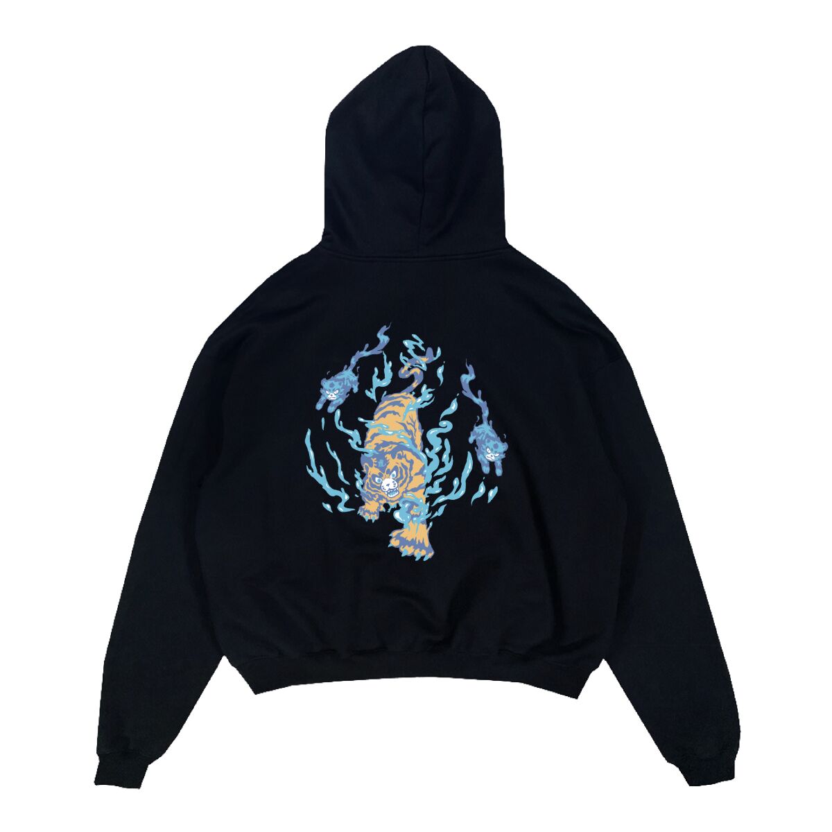 A black hooded sweatshirt with a tiger design.