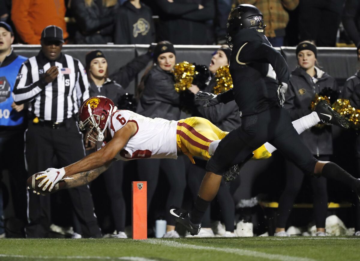USC receiver Michael Pittman Jr. dives into the end zone against Colorado on Oct. 25.