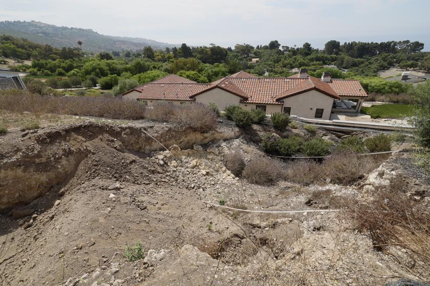 Rancho Palos Verdes, CA - August 01: A view of a large fissure that has opened up since February, damaging a Portuguese Bend home after last winter's heavy rain in Rancho Palos Verdes Thursday, Aug. 1, 2024. Due to continual land movement, the Portuguese bend neighborhood in Rancho Palos Verde could face power shut off. Mike Hong, whose home neighbors a large fissure that has been getting larger and deeper since February, when the area was inundated with heavy rains. He says that water is draining from Rolling Hills homes into Altamira Canyon and directly flowing into the earth and not into the ocean, which is part of a proposed drainage plan. He says lining the canyon would help as rain saturation is one of the contributing factors to movement in the area. The fissure also passes through and through the Palos Verdes Nature Preserve. (Allen J. Schaben / Los Angeles Times)