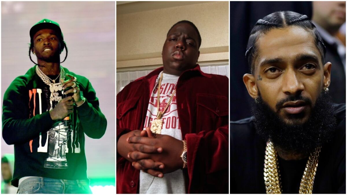Rappers Pop Smoke, from left, Notorious B.I.G., and Nipsey Hussle.