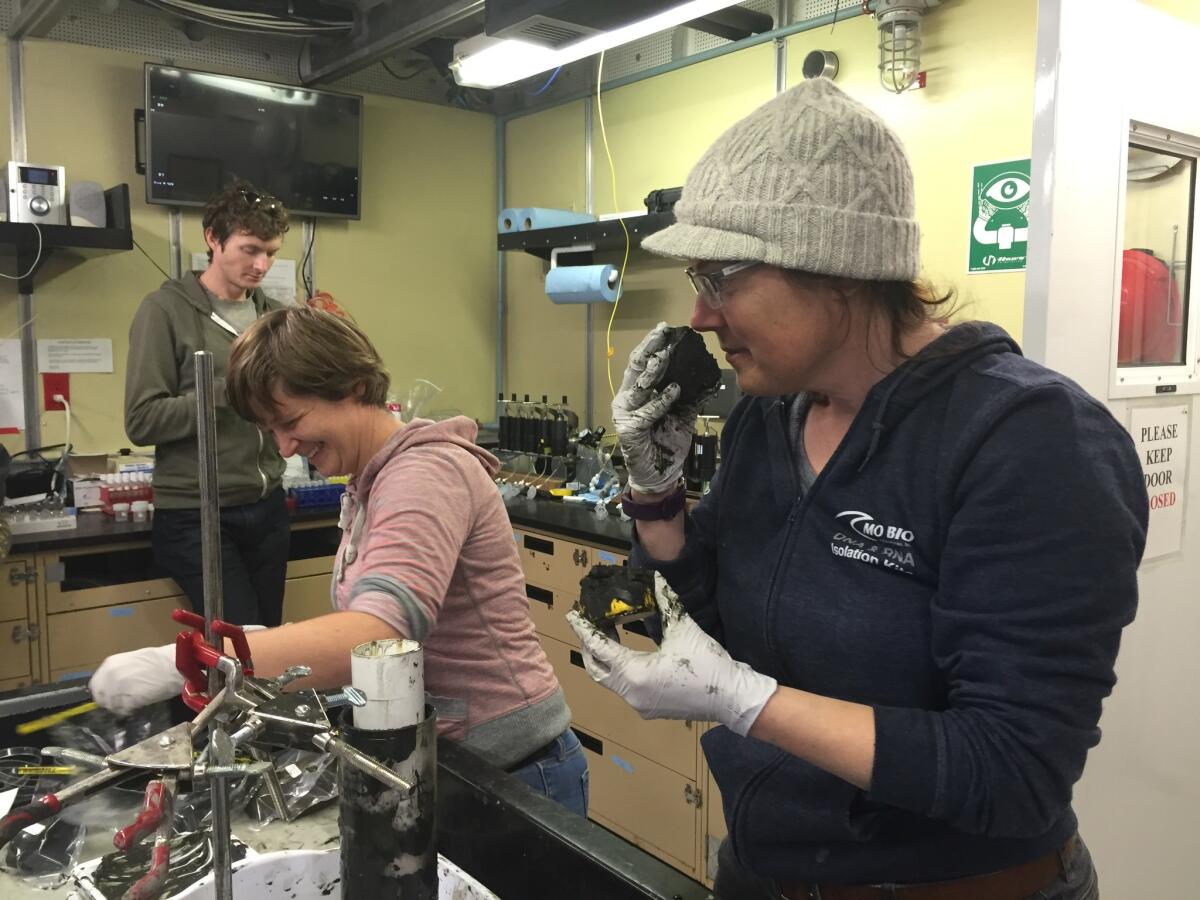 Victoria Orphan takes a sniff of sediment, checking for telltale smells. Katherine Dawson and Caltech graduate student Sean Mullin work in the background.