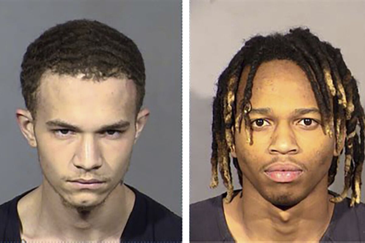 FILE - These Dec. 31, 2021, photos released by Las Vegas Metropolitan Police Department show Jordan Ruby, 18, left and Jesani Carter, 20, right, at the Clark County jail in Las Vegas, Nev. Two California men have been indicted on murder and other charges in a series of New Year's weekend robberies and shootings on the Las Vegas Strip that left two people dead. Jesani Carter and Jordan Ruby also face charges including attempted murder, armed robbery and conspiracy in the 13-count indictment filed Friday, Feb. 11, 2022. (Las Vegas Metropolitan Police Department via AP, File)