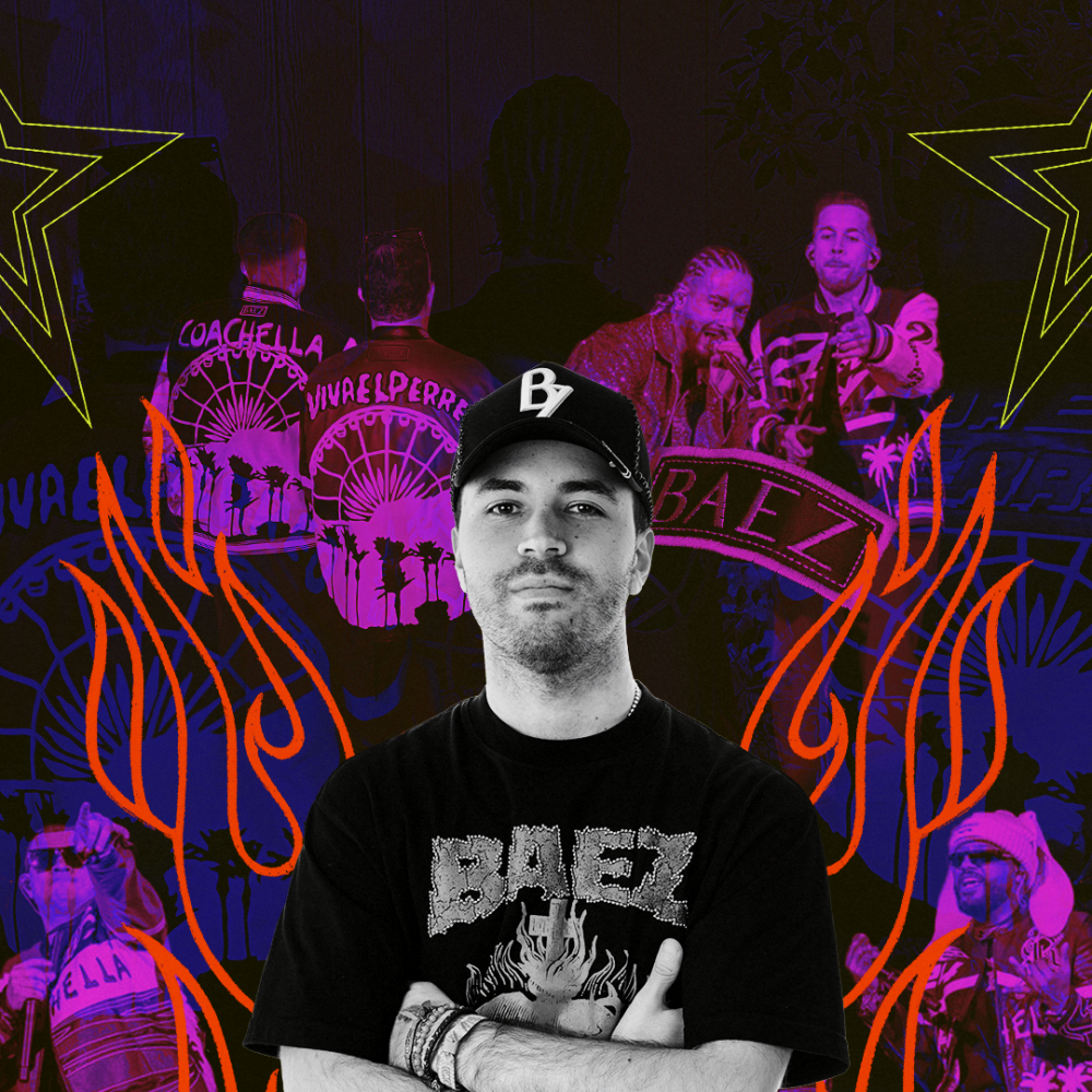 Collage of Kiko Baez and images of musicians wearing his designs