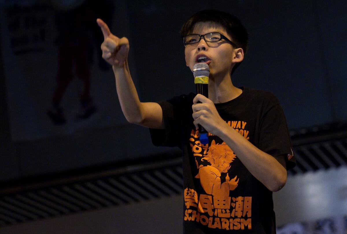 Joshua Wong, the leader of the student pro-democracy group Scholarism, speaks at a demonstration in Hong Kong in October.