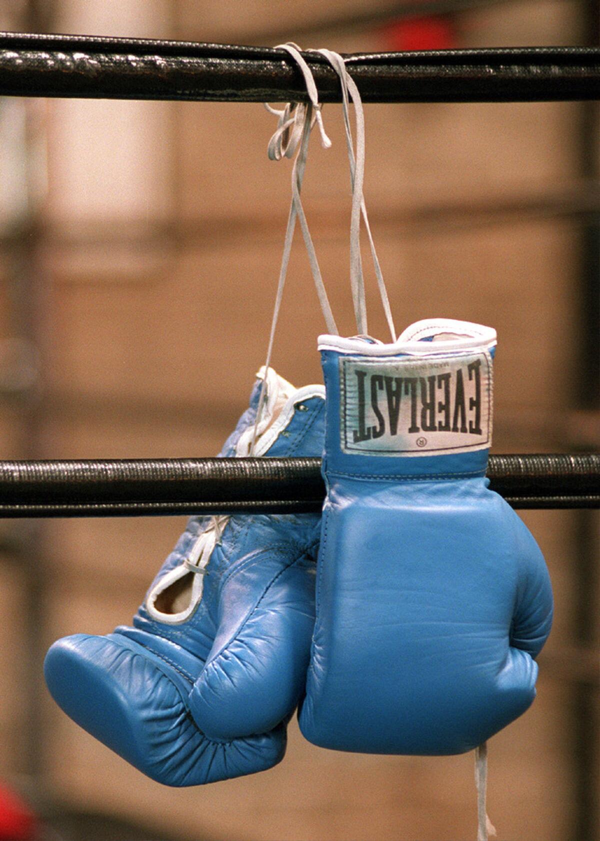Boxing gloves hang from the ring.