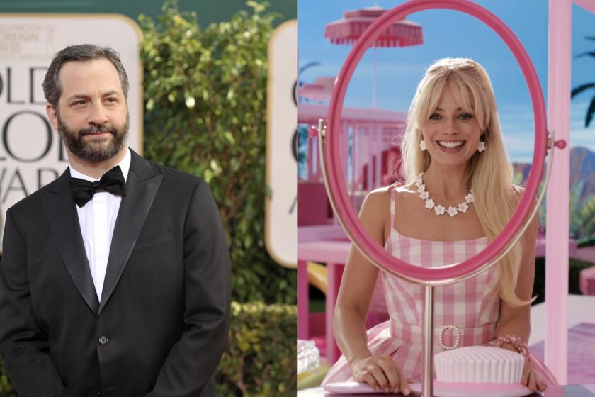 (L) Judd Apatow wears a black tuxedo, (R) Margot Robbie wears a pink and white gingham dress with a flower necklace.