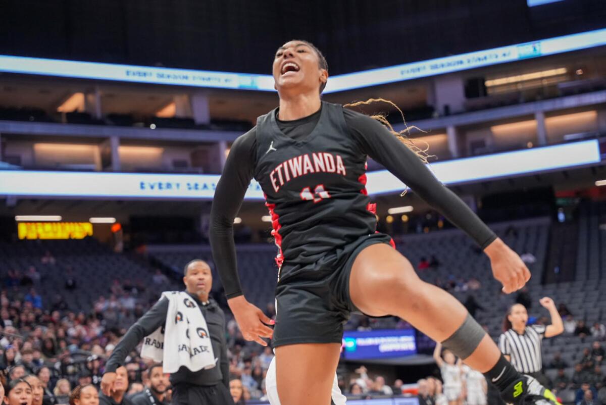 McDonald's All-American Kennedy Smith of Etiwanda gets excited during the Open Division state final against Mitty.