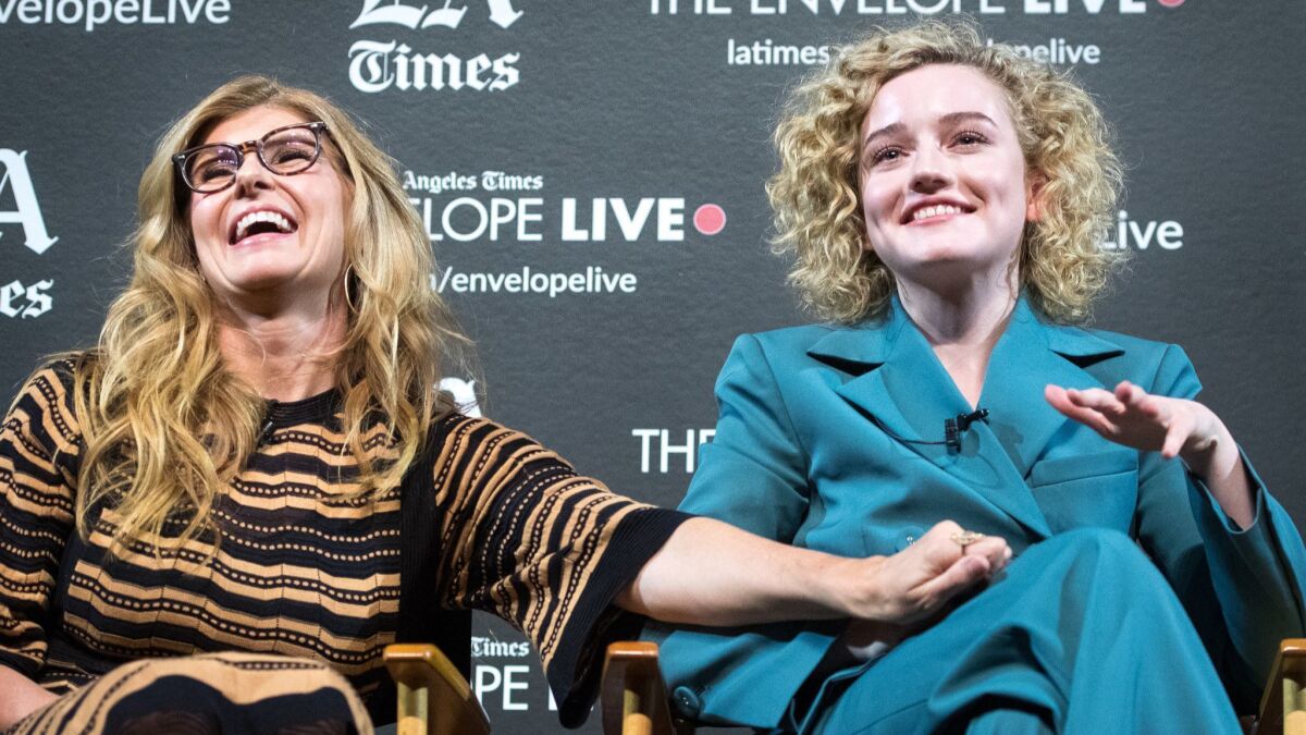 Actors Connie Britton, left, and Julia Garner at The Times' Envelope Live screening of "Dirty John" on Nov. 27.
