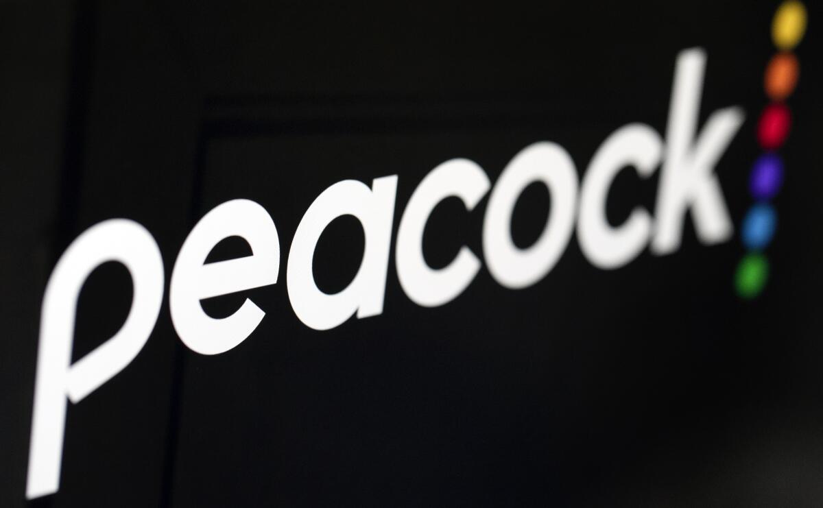 The logo for NBC Universal's streaming service, Peacock, is displayed on a computer screen