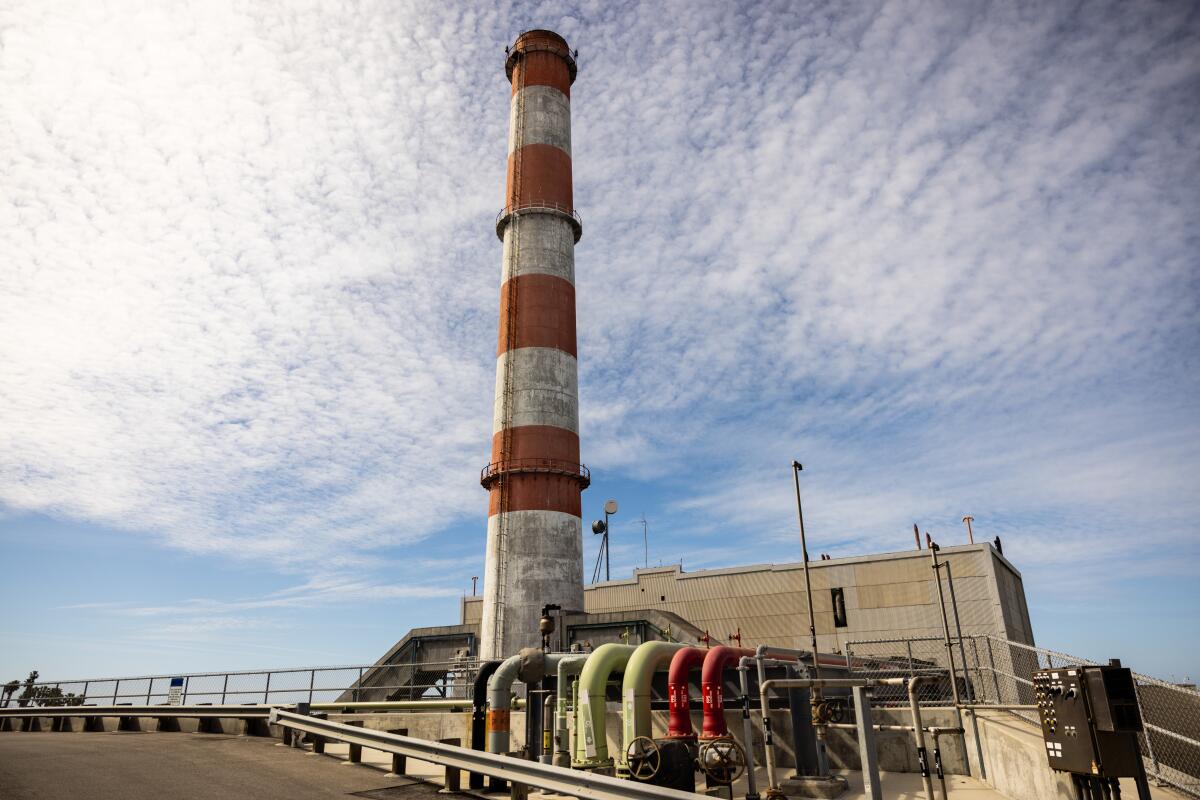 A smokestack at L.A.'s gas-fired Scattergood Generating Station, along the coast near El Segundo.