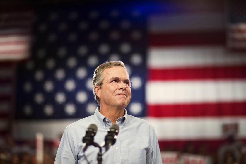 Former Florida Gov. Jeb Bush takes the stage as he formally joins the race for president with a speech at Miami Dade College on Monday.