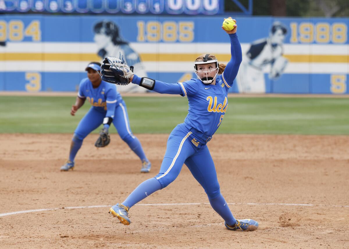 UCLA pitcher Kaitlyn Terry throws during an NCAA Regional game against UC Santa Barrbara at Easton Stadium