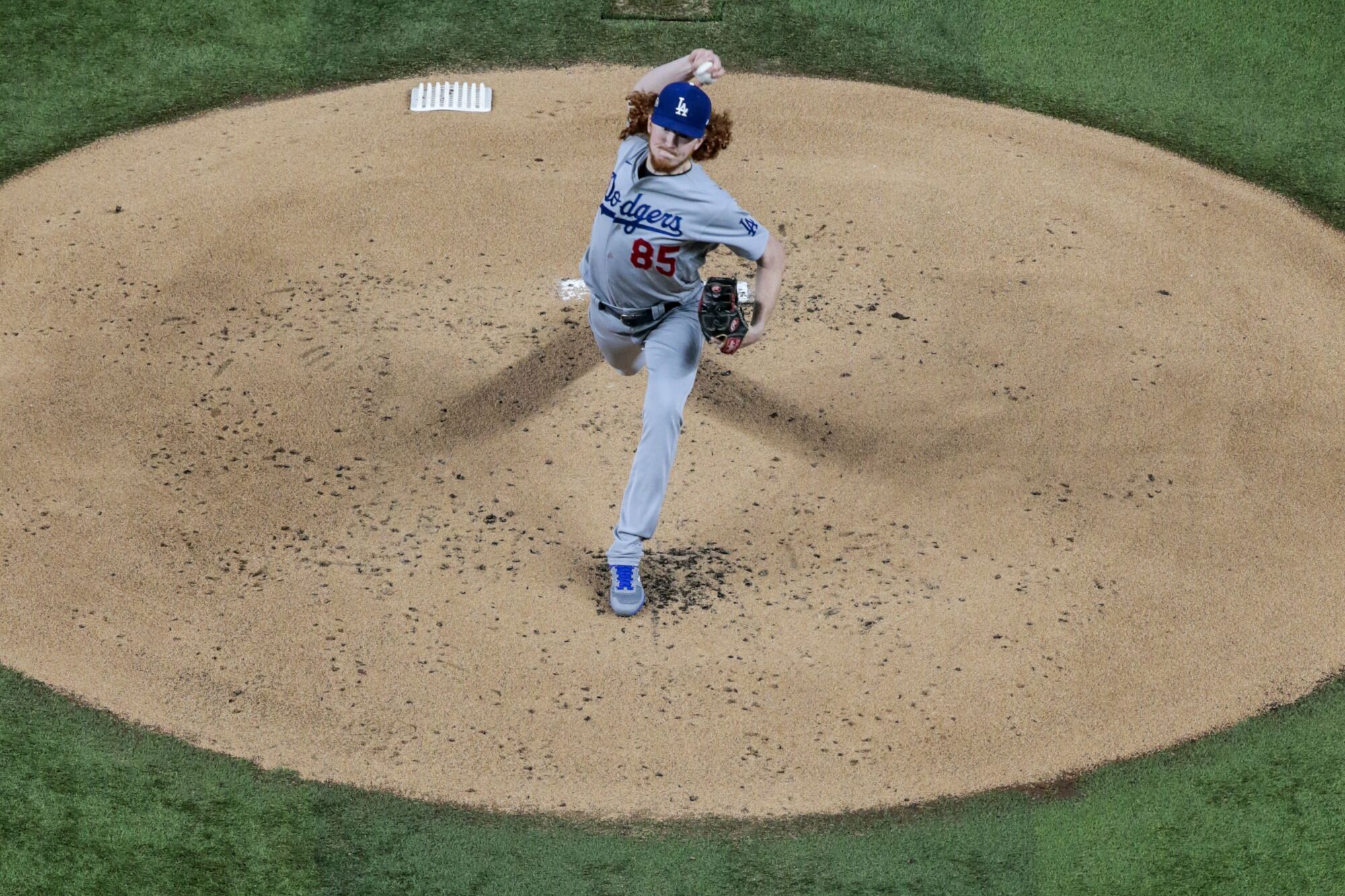 Dodgers starting pitcher Dustin May delivers during the first inning of Game 5.