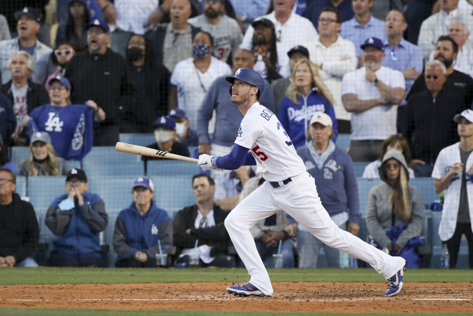 Los Angeles Dodgers' Cody Bellinger looks up after hitting the game-tying three-run home run.