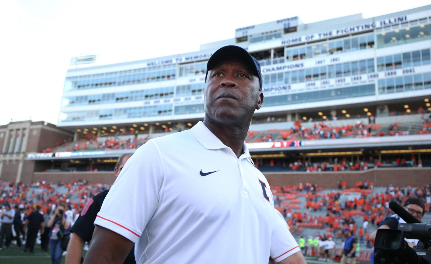 Illini head coach Lovie Smith walks off the field after a 52-3 win over Murray State at Memorial Stadium on Sept. 3, 2016, in Champaign.