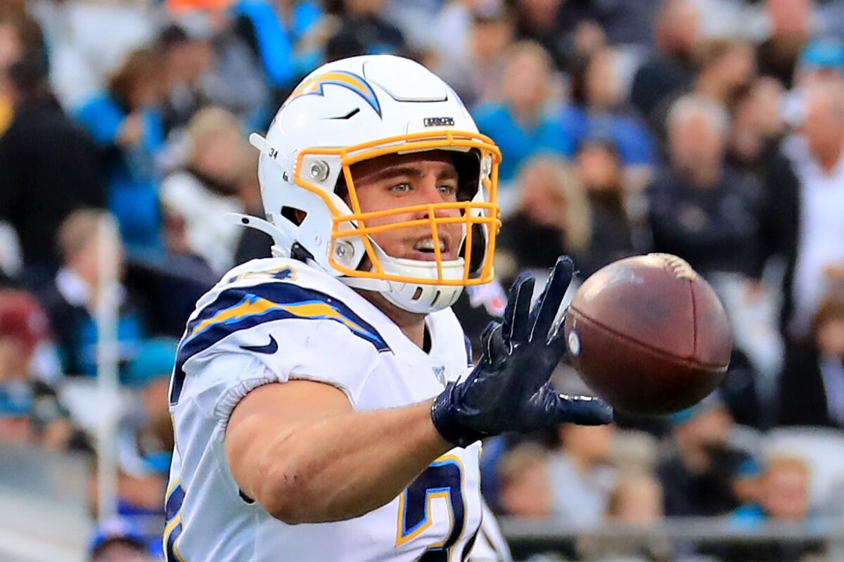 Chargers fullback Derek Watt celebrates his first career touchdown, a one-yard run against the Jaguars.