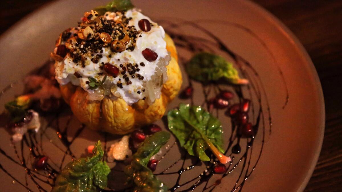 The roast delicata squash with burrata is available at Leona restaurant in Venice.