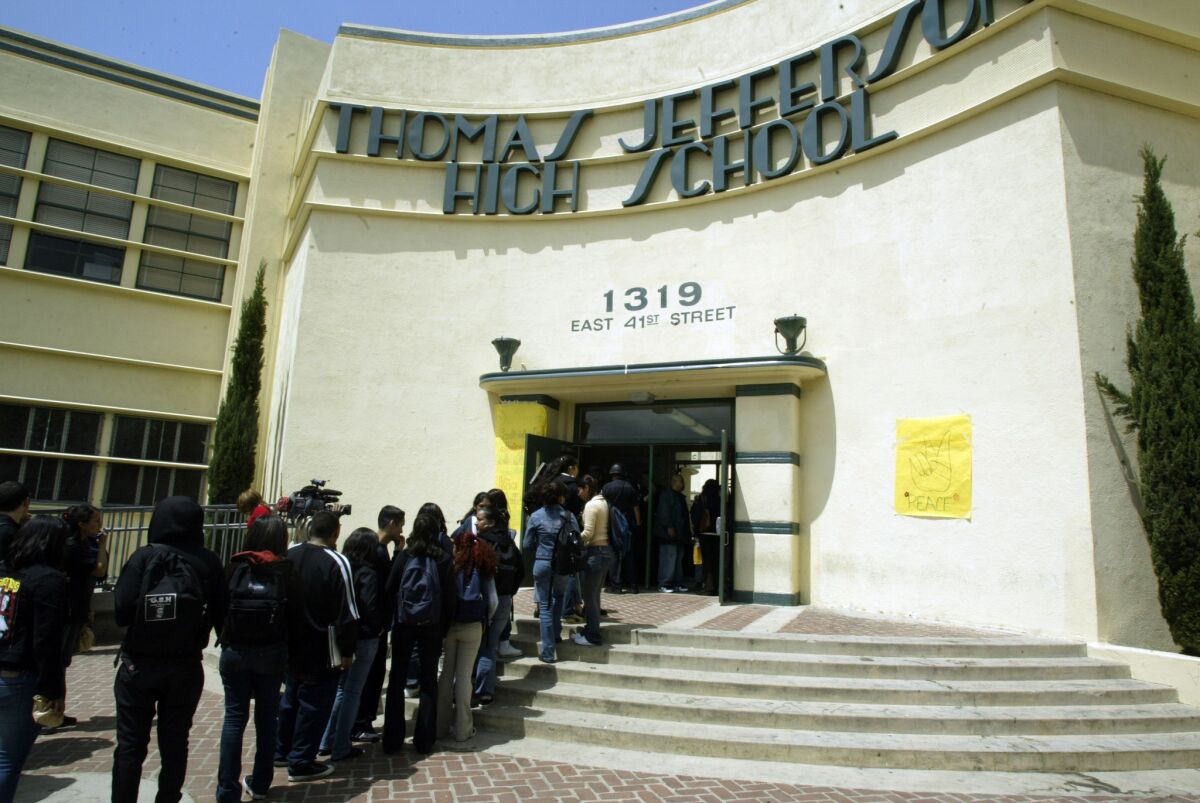 Jefferson High School, shown in 2005, on Monday was the site of a student sit-in staged to protest issues with class schedules and other problems at the South Los Angeles campus.