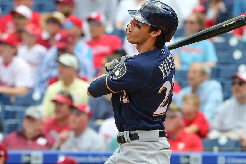 PHILADELPHIA, PA - MAY 16: Christian Yelich #22 of the Milwaukee Brewers hits a home run during the first inning of a game against the Philadelphia Phillies at Citizens Bank Park on May 16, 2019 in Philadelphia, Pennsylvania. (Photo by Rich Schultz/Getty Images) ** OUTS - ELSENT, FPG, CM - OUTS * NM, PH, VA if sourced by CT, LA or MoD **