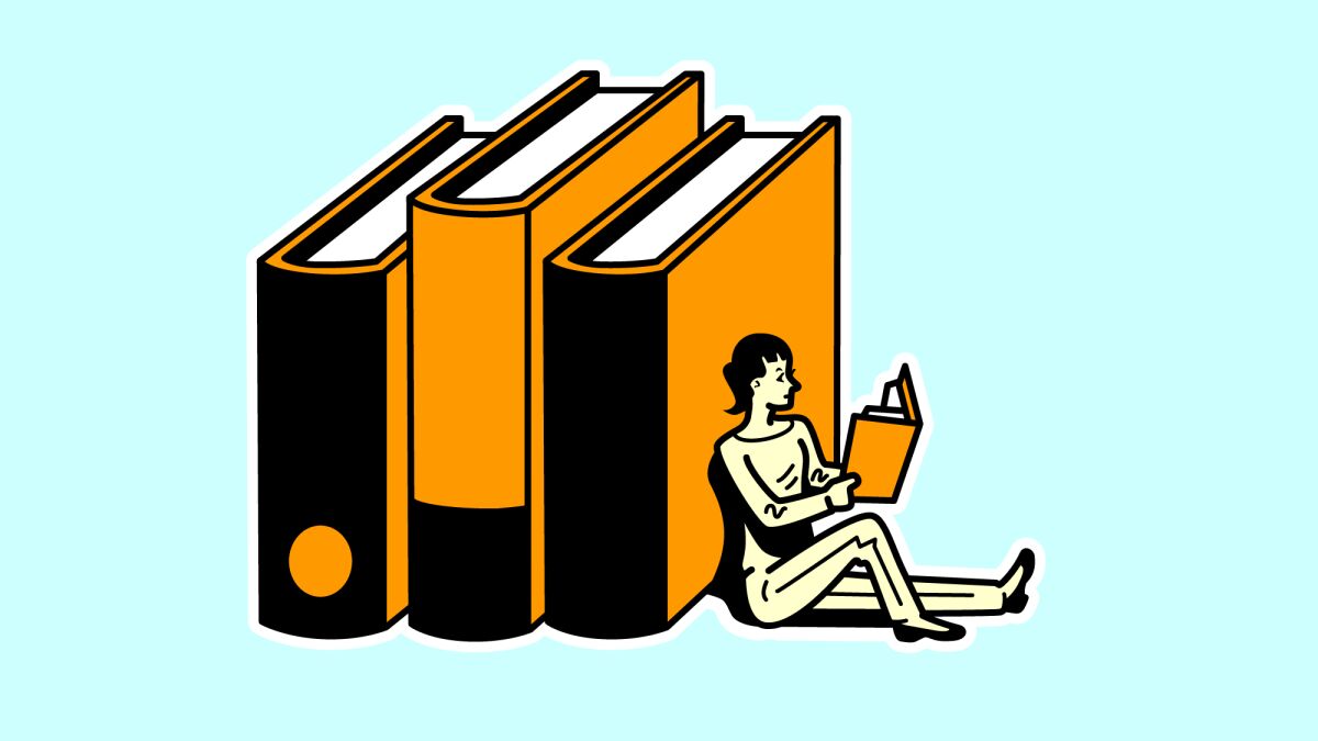 An illustration of a young woman reading a book, sitting in front of three large books.