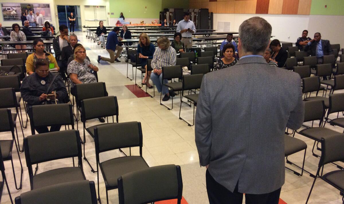 About two dozen people attended a meeting at the Roybal Learning Center near downtown in October to talk about what they want in a Los Angeles schools chief. Consultant Hank Gmitro, a retired superintendent, led the meeting.
